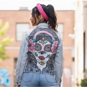 Hand Painted Sugar Skulñ Denim Jacket with Button Detail